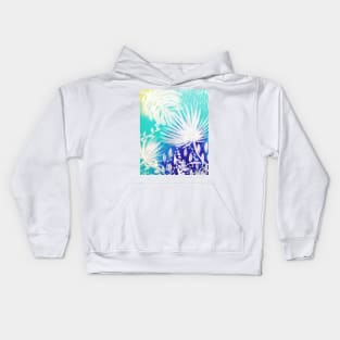 White tropical leaves on blue Kids Hoodie